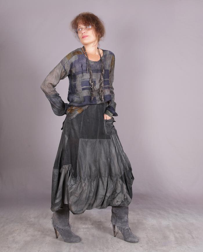 'full of flowing gunmetal' distressed gray asymmetrical stretch skirt