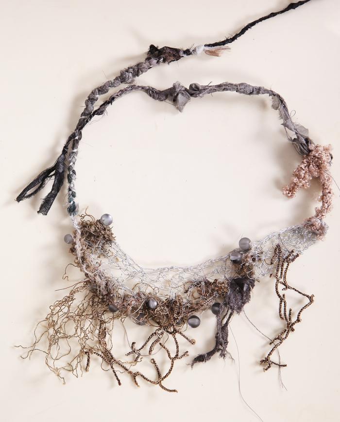 'dew drops in the snow' fiber art necklace