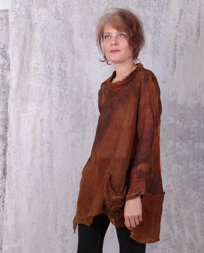 linen gauze hand-painted tunic in rust