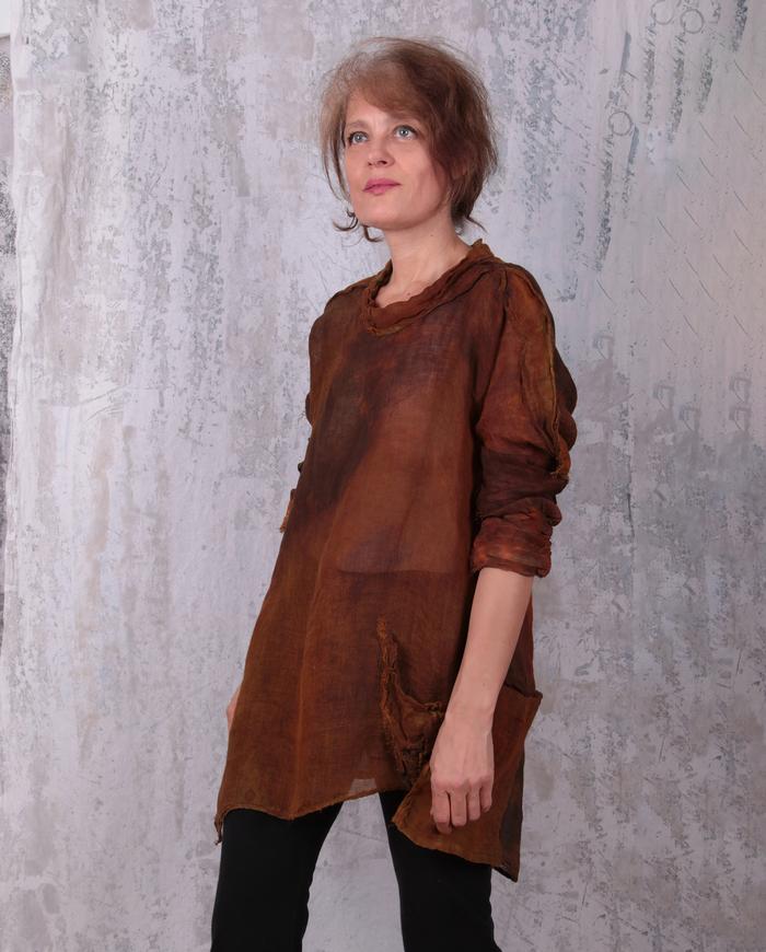 linen gauze hand-painted tunic in rust