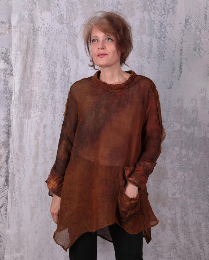 linen gauze hand-painted tunic in rust