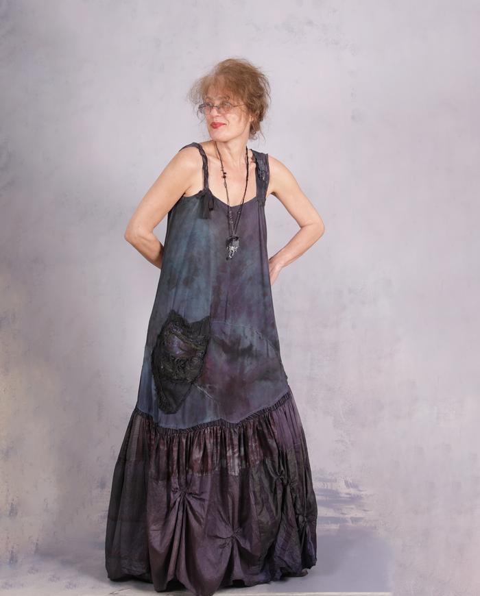 'no explanatory note' hand-painted A-line silk maxi dress