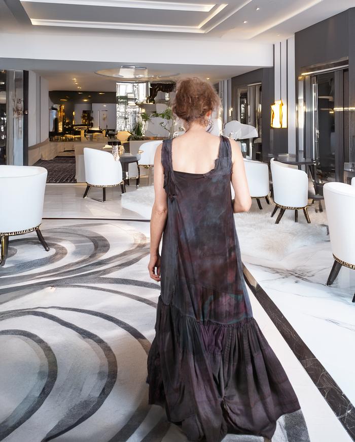 'no explanatory note' hand-painted A-line silk maxi dress