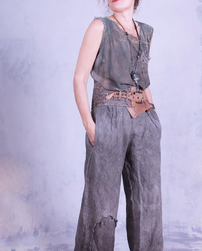 'stonewashed steel' Belgian linen wide leg pants with applique