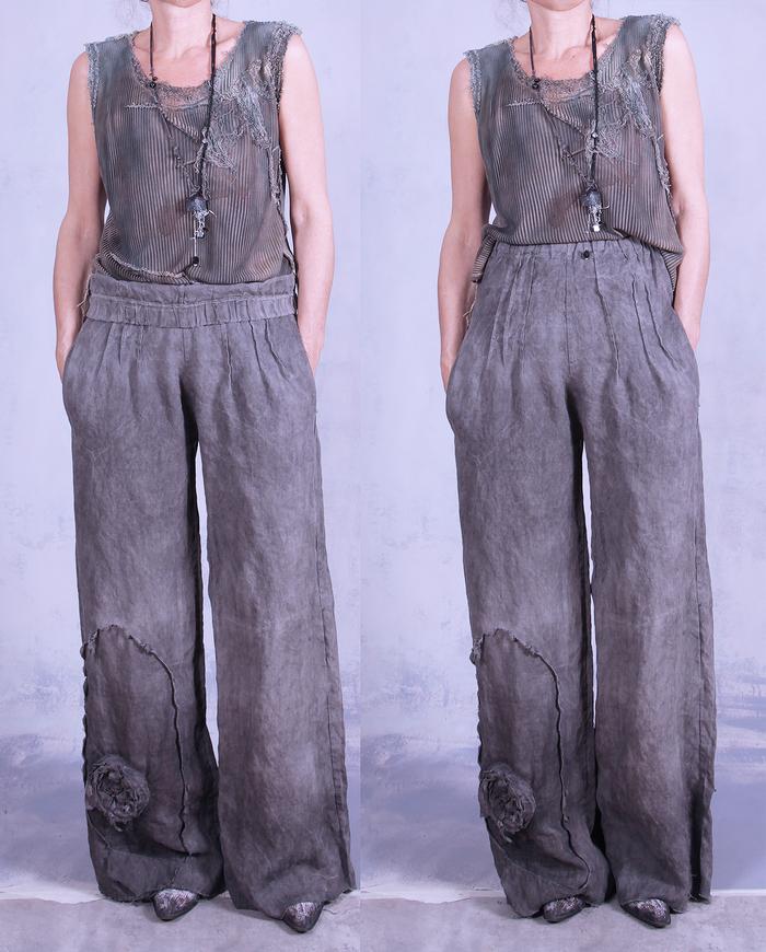 'stonewashed steel' Belgian linen wide leg pants with applique