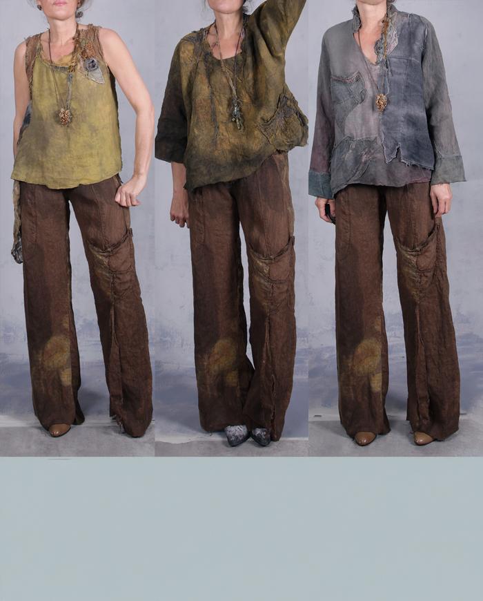 'through and around chocolate circles' hand-painted boot cut linen pants