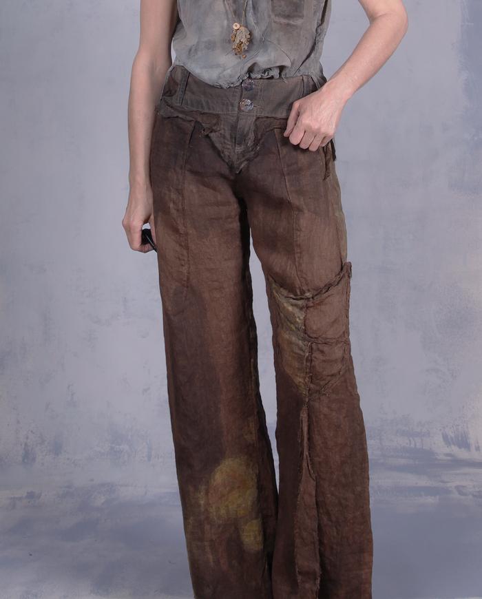 'through and around chocolate circles' hand-painted boot cut linen pants