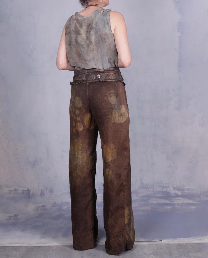 'through and around chocolate circles' hand-painted boot cut linen pants