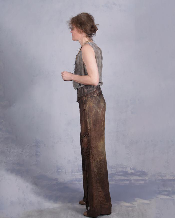 'through and around chocolate circles' hand-painted boot cut linen pants