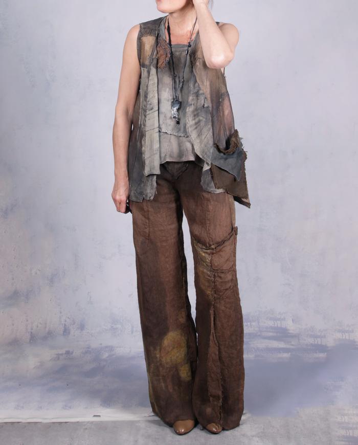 'through and around chocolate circles' hand-painted boot cut linen pants