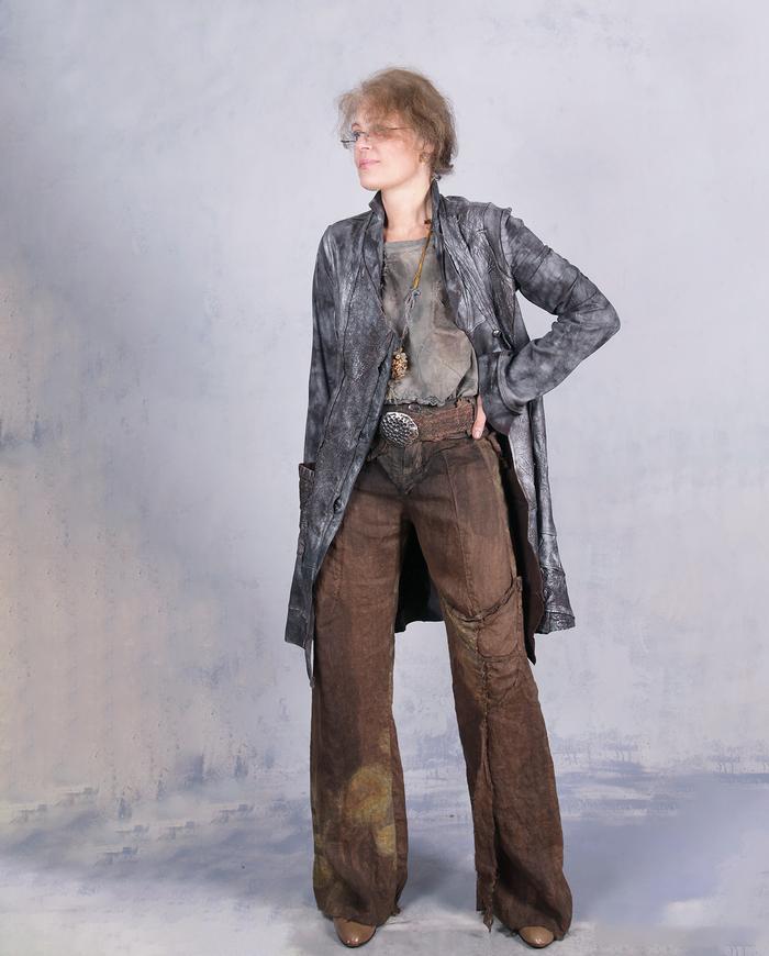 'through and around chocolate circles' hand-painted boot cut linen pants