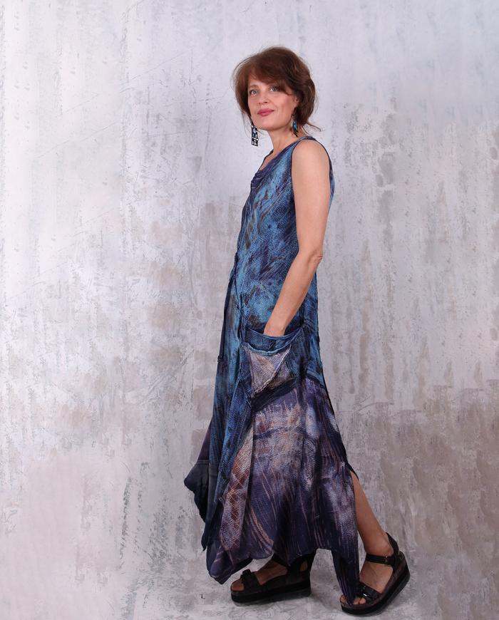textured 'blue dreams' silk maxi bias dress