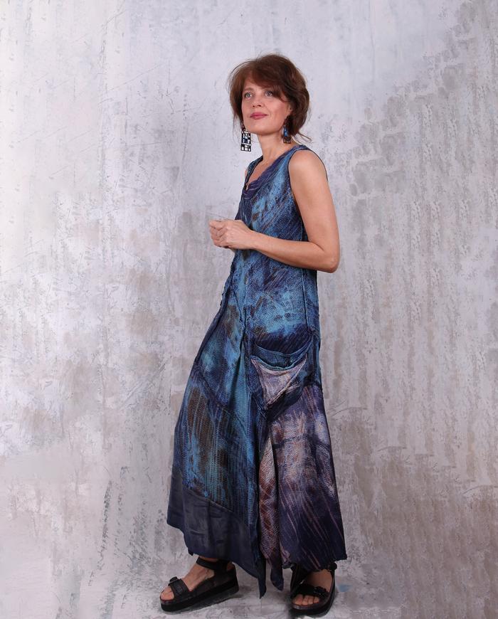 textured 'blue dreams' silk maxi bias dress