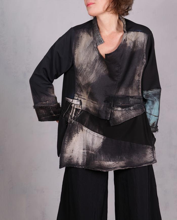 'just a touch of blue' asymmetrical distressed blouse