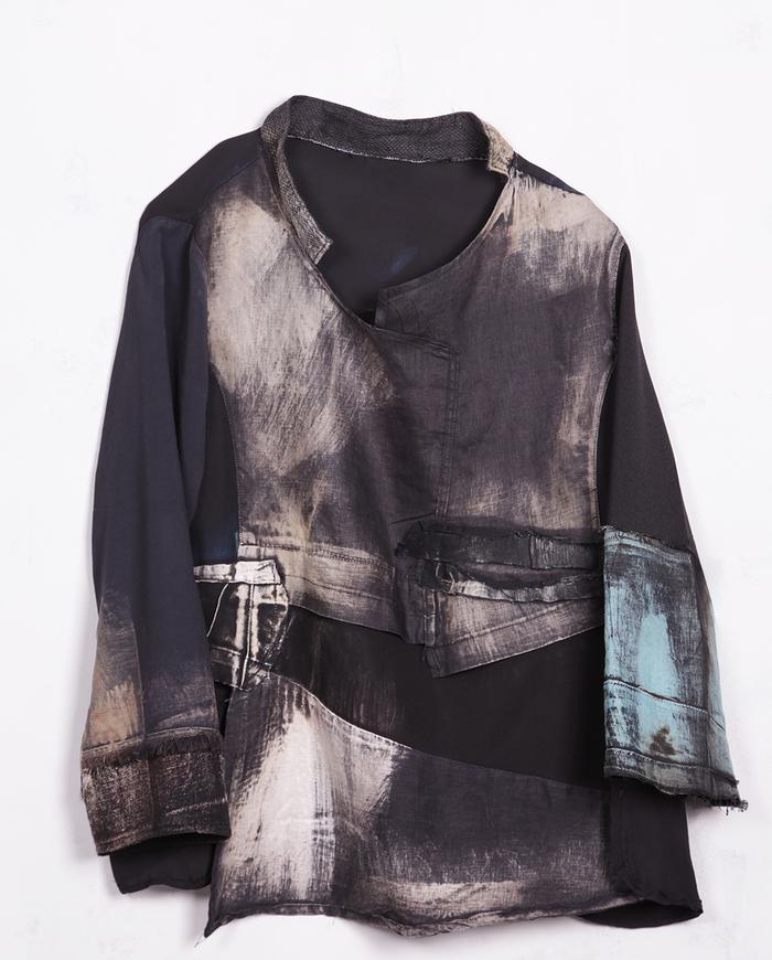 'just a touch of blue' asymmetrical distressed blouse