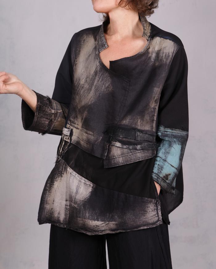 'just a touch of blue' asymmetrical distressed blouse