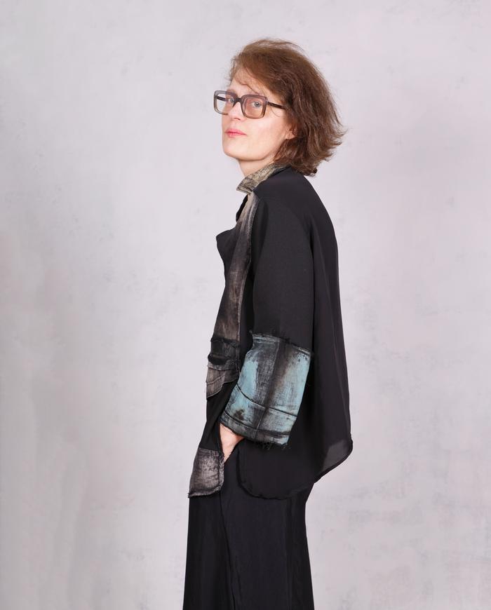 'just a touch of blue' asymmetrical distressed blouse