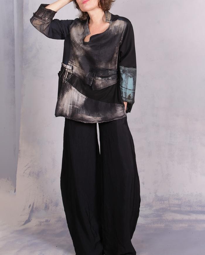 'just a touch of blue' asymmetrical distressed blouse
