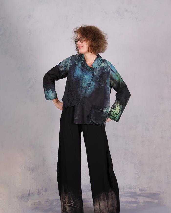 'from tree tops to the sky' sculptural painted blouse