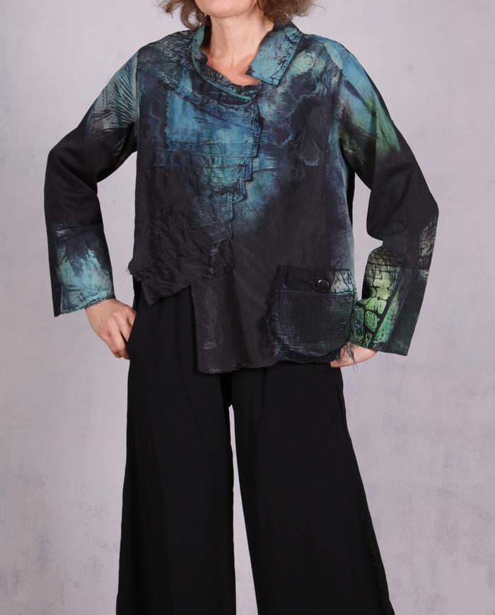 'from tree tops to the sky' sculptural painted blouse