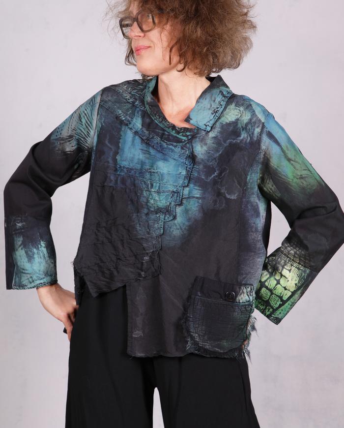 'from tree tops to the sky' sculptural painted blouse