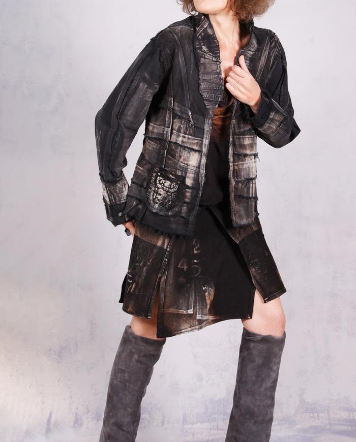 'one, two, four, eight, nine' distressed black and white jacket