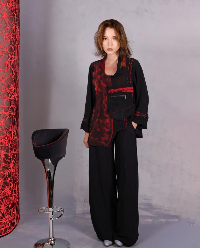 'red-y for the unexpected' asymmetrical one-size flowy silk blouse