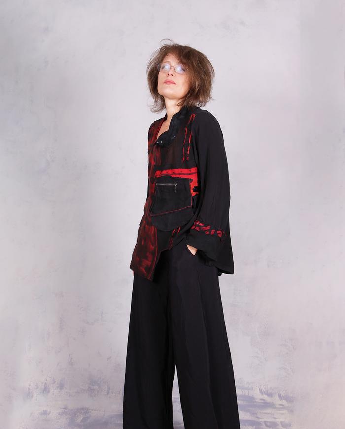 'red-y for the unexpected' asymmetrical one-size flowy silk blouse
