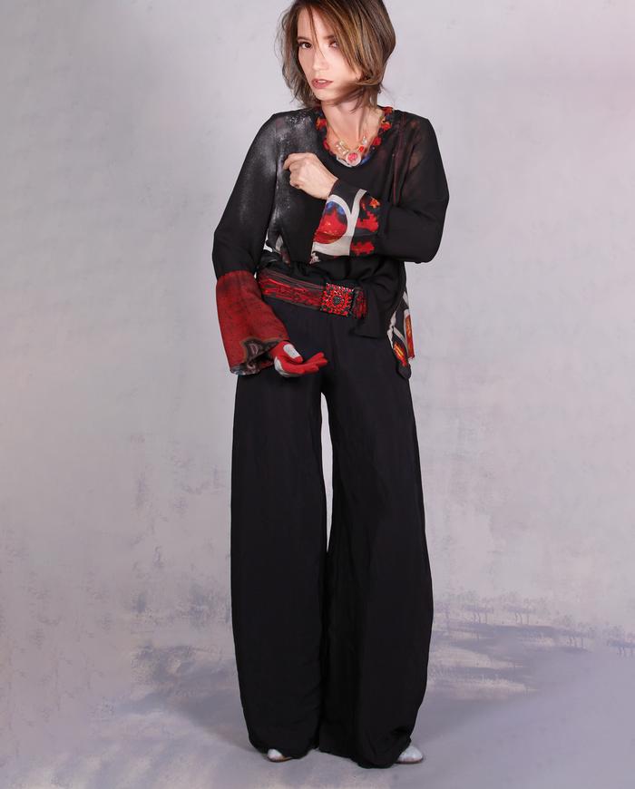 'playing a biased game' mixed silks asymmetrical high-contrast blouse