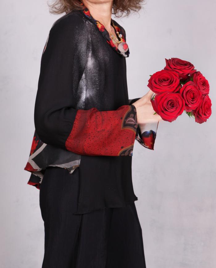 'playing a biased game' mixed silks asymmetrical high-contrast blouse