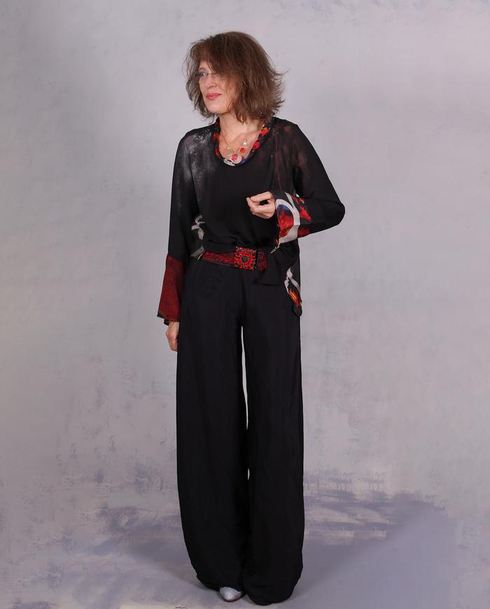 'playing a biased game' mixed silks asymmetrical high-contrast blouse