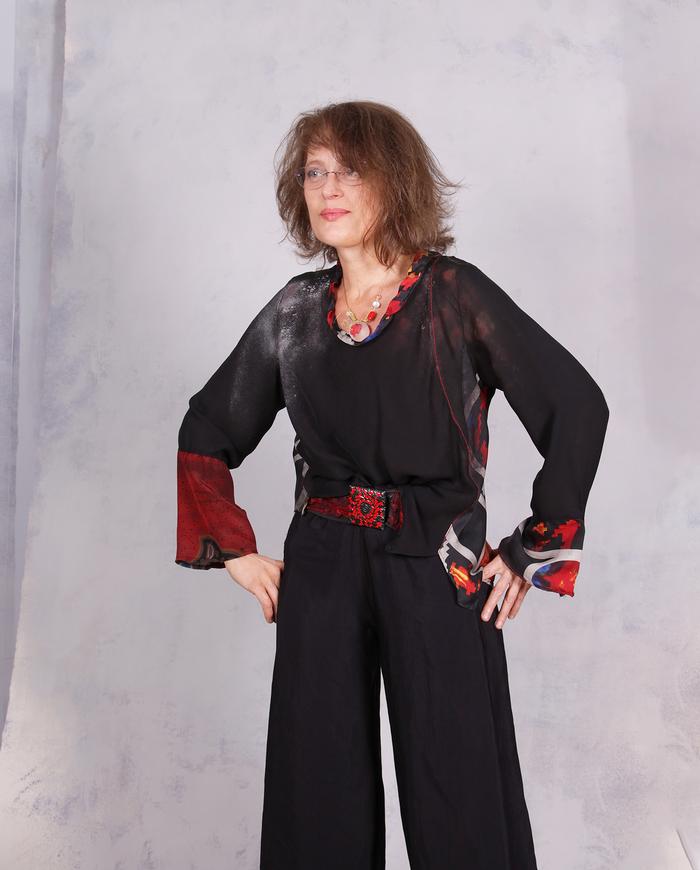 'playing a biased game' mixed silks asymmetrical high-contrast blouse