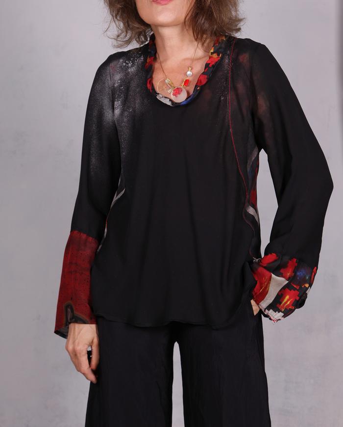 'playing a biased game' mixed silks asymmetrical high-contrast blouse