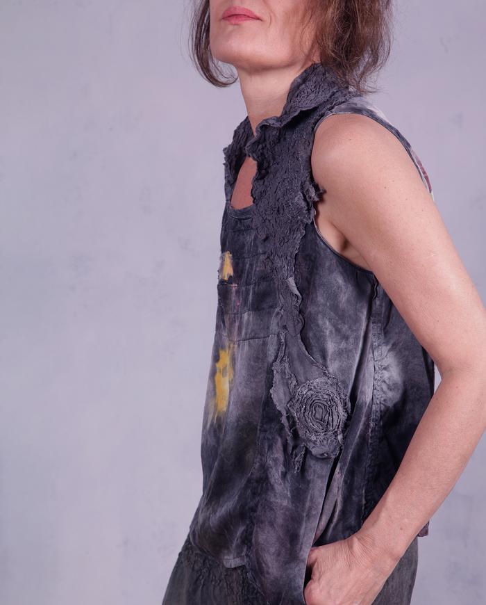 'sun breaking through' modern art asymmetrical silk blouse
