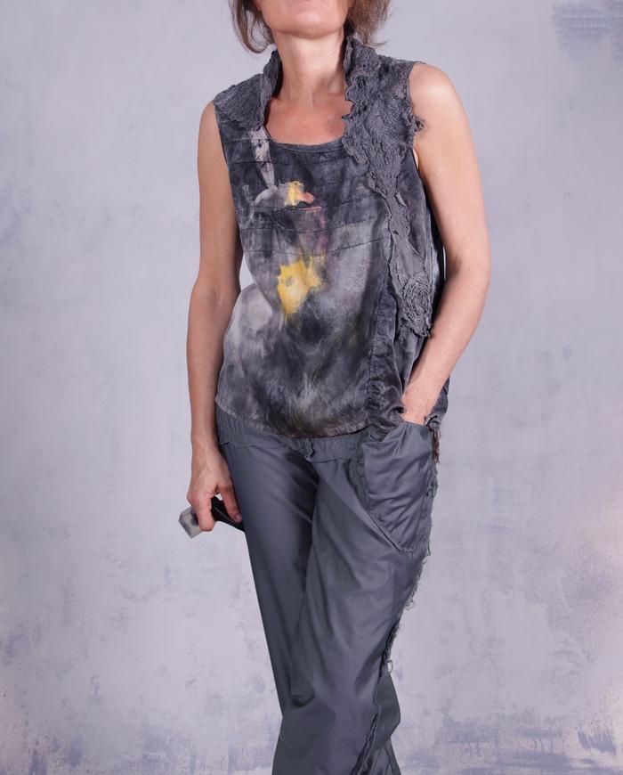 'sun breaking through' modern art asymmetrical silk blouse