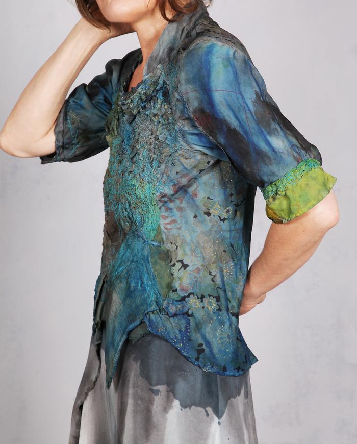 'a textured breeze' detailed asymmetrical silk blouse