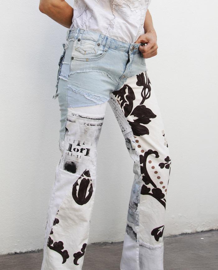 'the undenim denim' signature mixed fabrics painted bootcut jeans