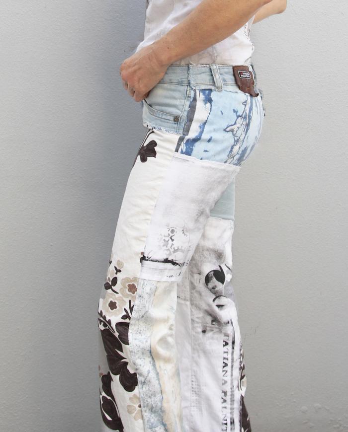 'the undenim denim' signature mixed fabrics painted bootcut jeans