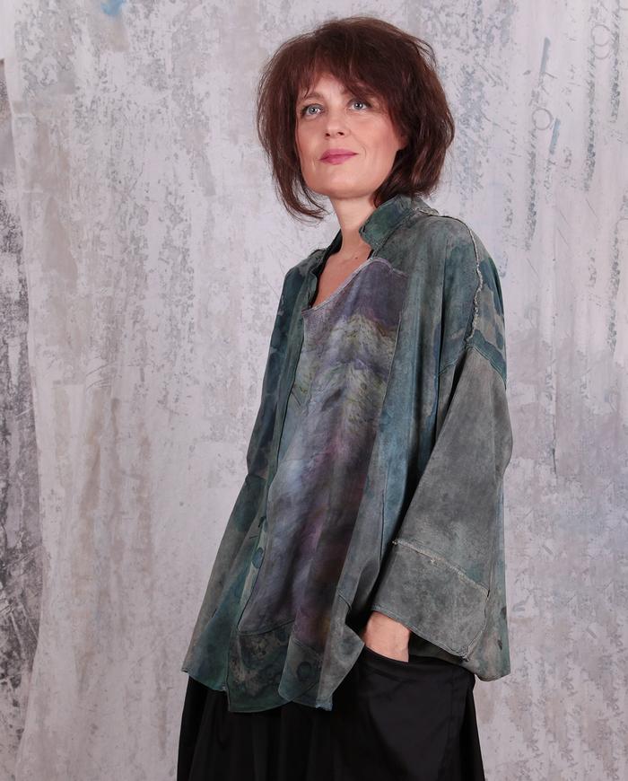 boxy drop-shoulder hand-painted lightweight silk top