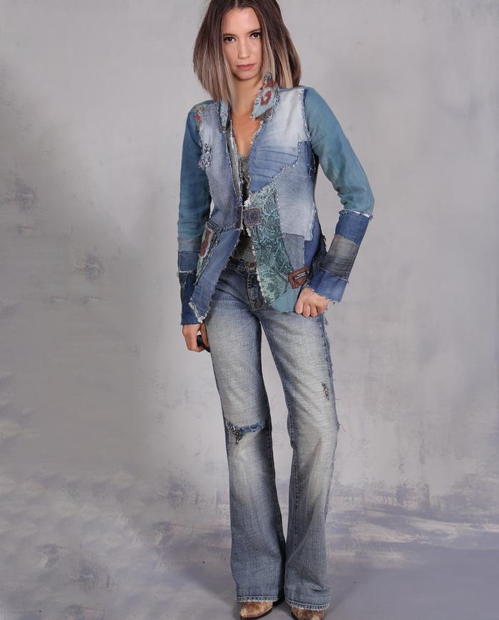 'when nothing is by chance' patchwork art denim look jacket