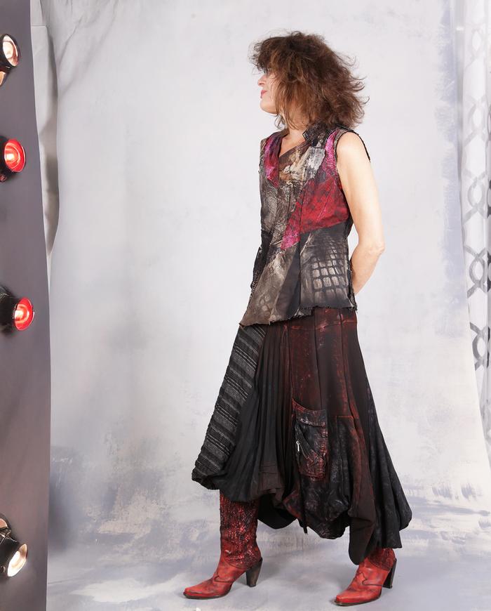'a quiet fire' detailed asymmetrical black/red midi skirt