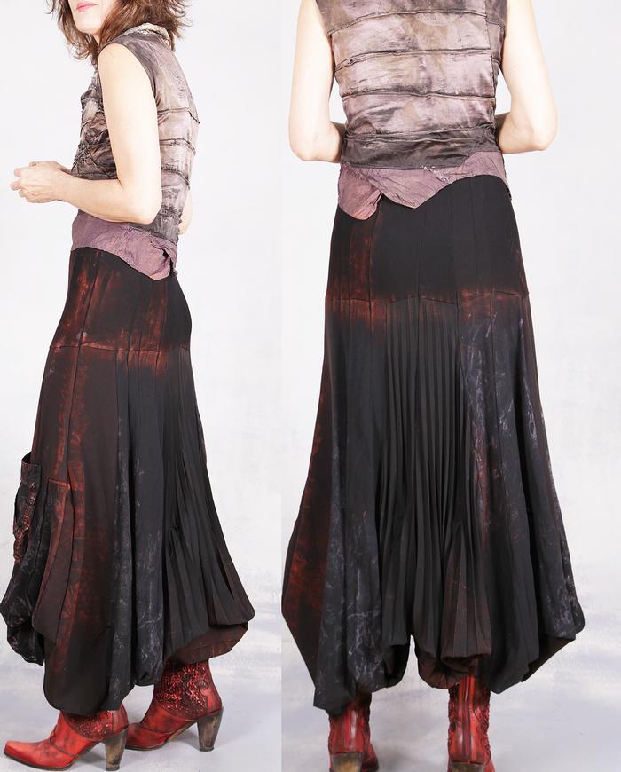 'a quiet fire' detailed asymmetrical black/red midi skirt