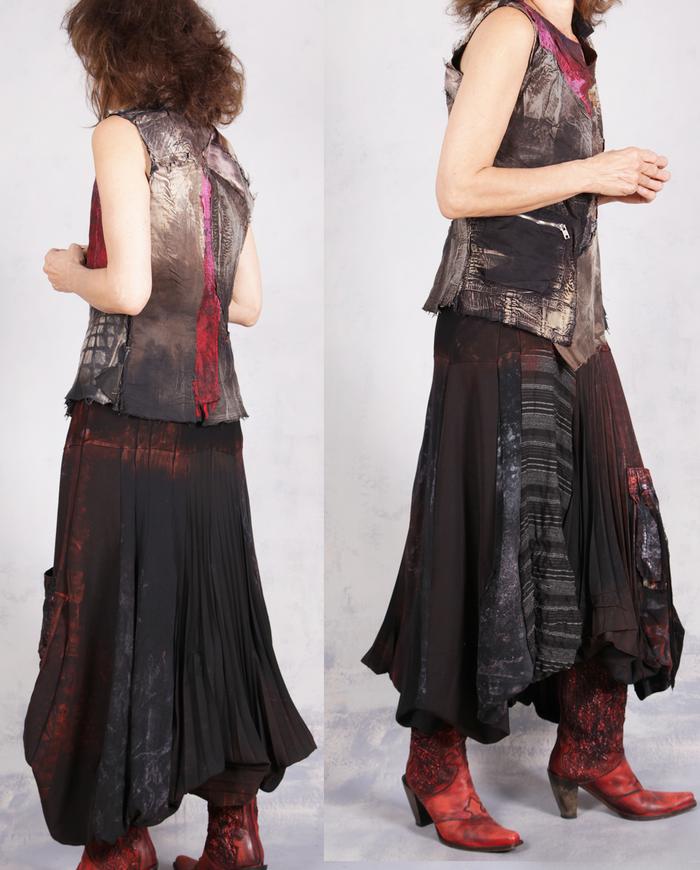 'a quiet fire' detailed asymmetrical black/red midi skirt