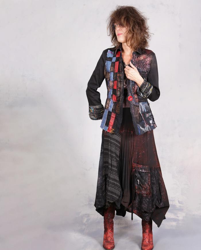'a quiet fire' detailed asymmetrical black/red midi skirt