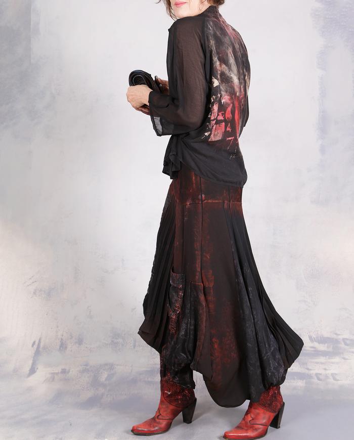 'a quiet fire' detailed asymmetrical black/red midi skirt
