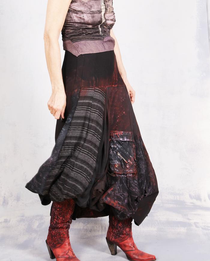 'a quiet fire' detailed asymmetrical black/red midi skirt