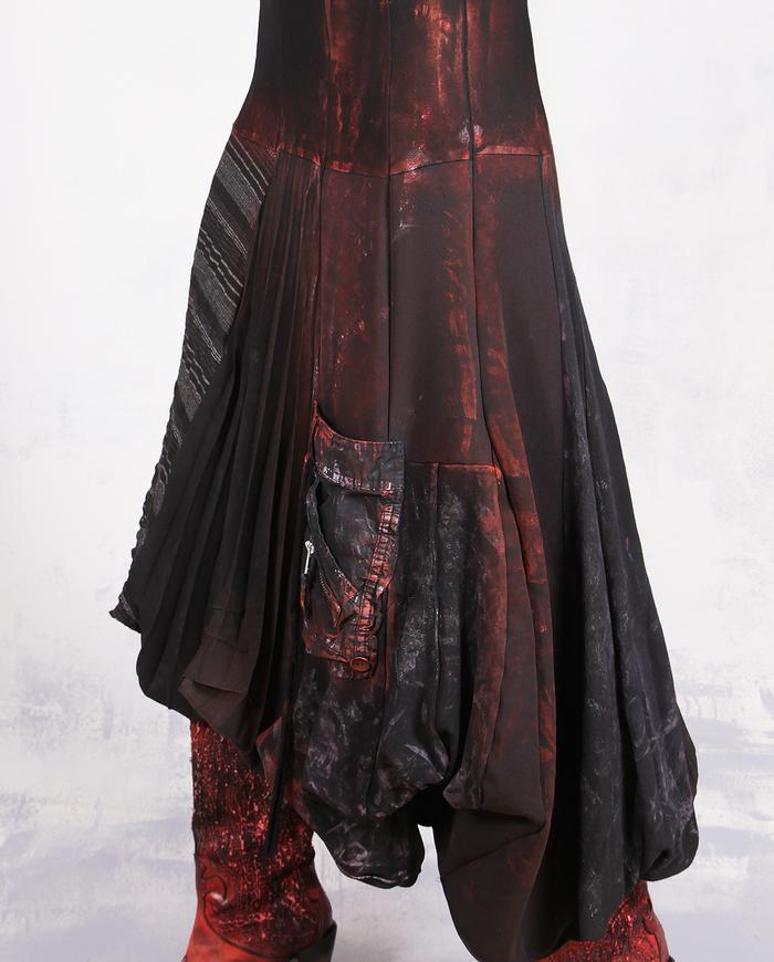 'a quiet fire' detailed asymmetrical black/red midi skirt