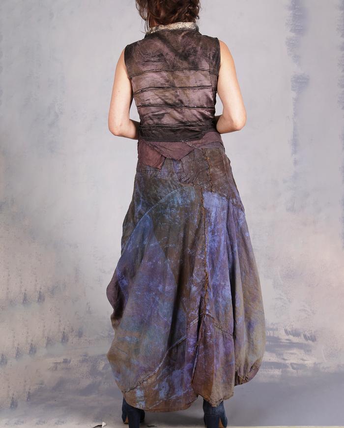 'in full shadows of shades' distressed sculptural silk midi skirt