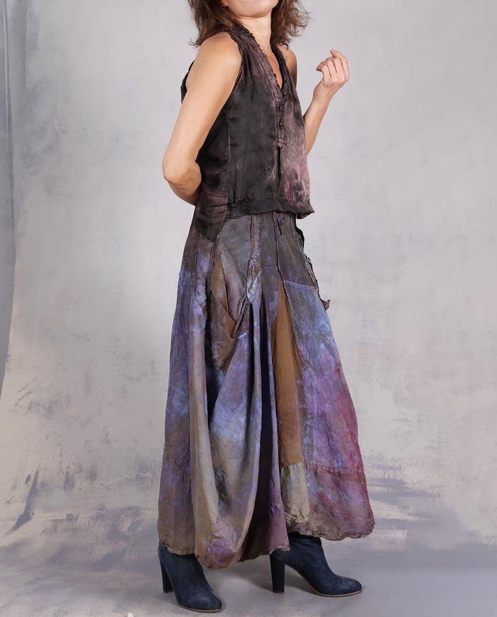 'in full shadows of shades' distressed sculptural silk midi skirt