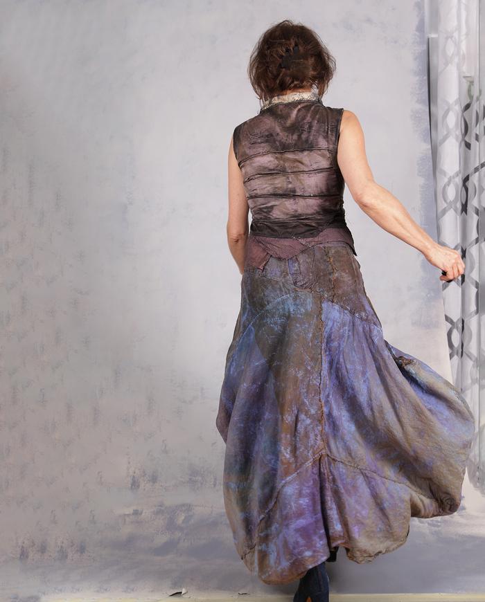 'in full shadows of shades' distressed sculptural silk midi skirt